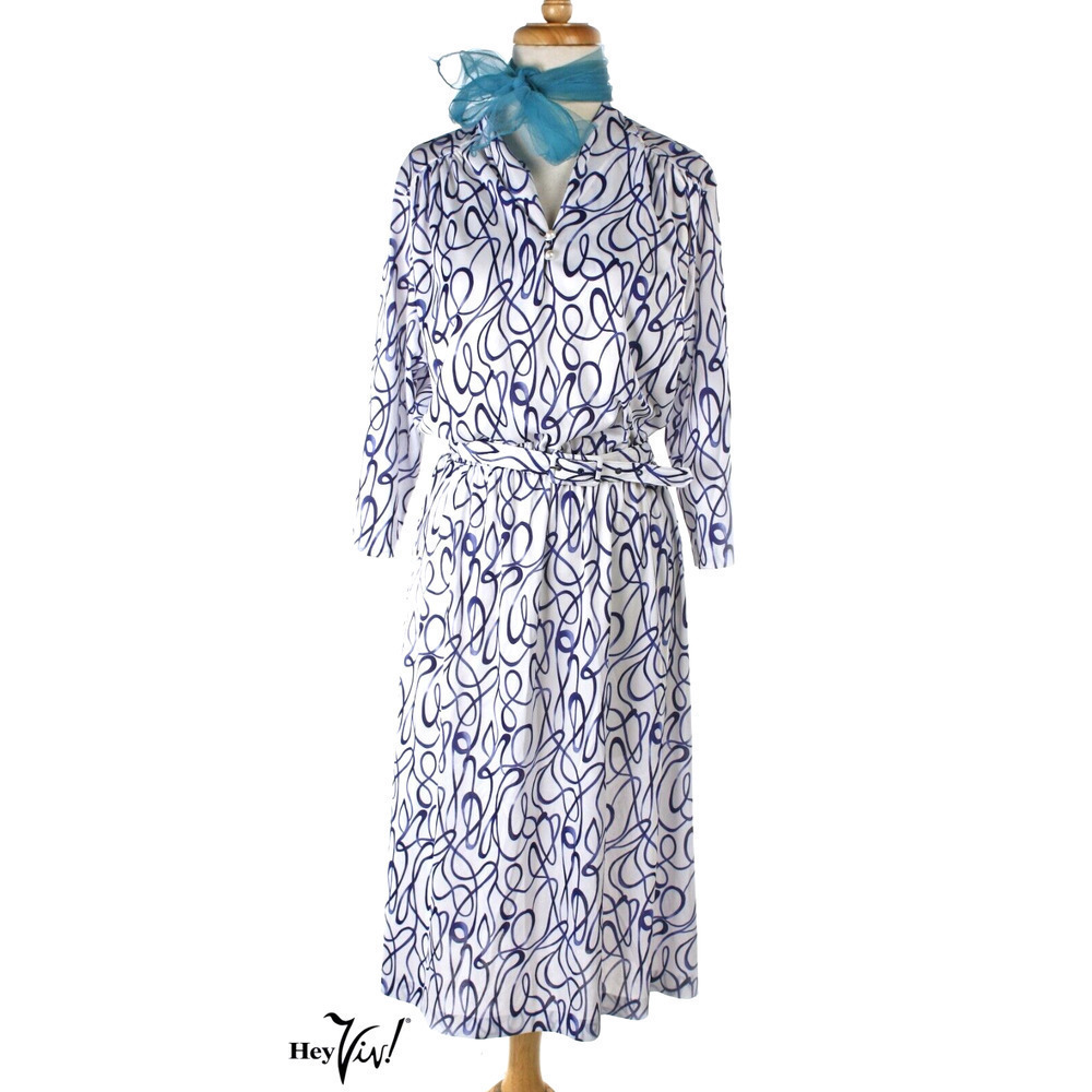Vintage 80s Dress Blair Blue and White Elastic Waist w Scarf Sz M 14P - Hey Viv